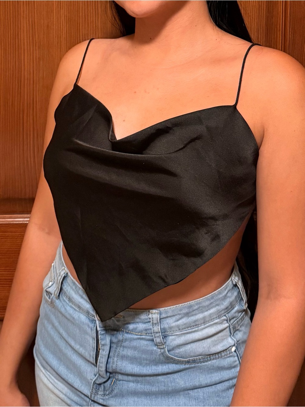 Black Satin Handkerchief Cami Top with Spaghetti Straps